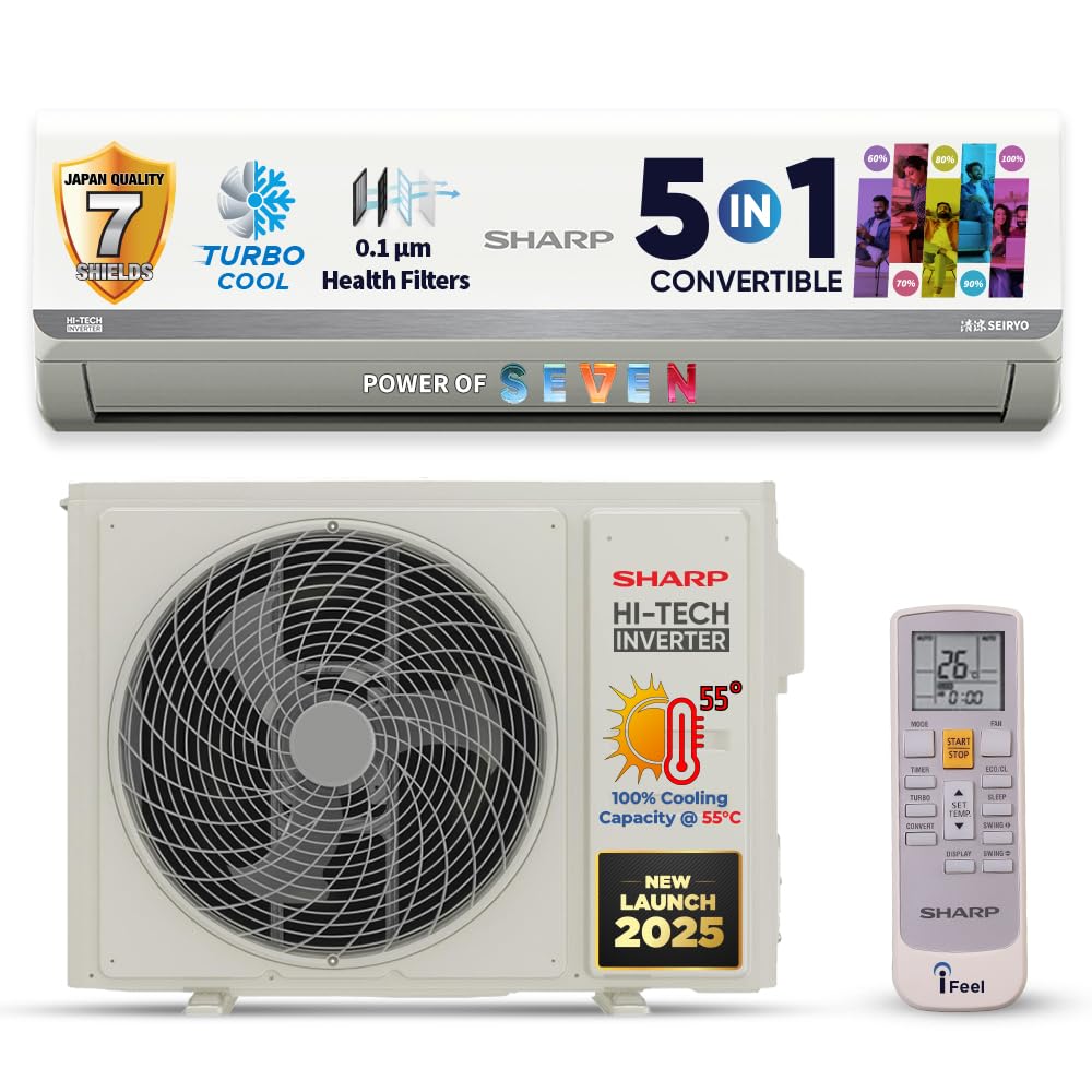 SHARP 1.5 Ton 3 Star Inverter Split AC (Copper, 5in1 Convertible, Turbo Cool Technology, AntiCorrosive Gold Fin, 2025 Model, AHSI18V3BGC, White) price under 30000