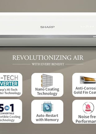 SHARP 1.5 Ton 3 Star Inverter Split AC (Copper, 5in1 Convertible, Turbo Cool Technology, AntiCorrosive Gold Fin, 2025 Model, AHSI18V3BGC, White) 