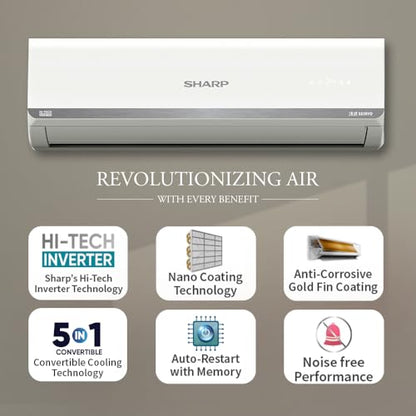 SHARP 1.5 Ton 3 Star Inverter Split AC (Copper, 5in1 Convertible, Turbo Cool Technology, AntiCorrosive Gold Fin, 2025 Model, AHSI18V3BGC, White) 