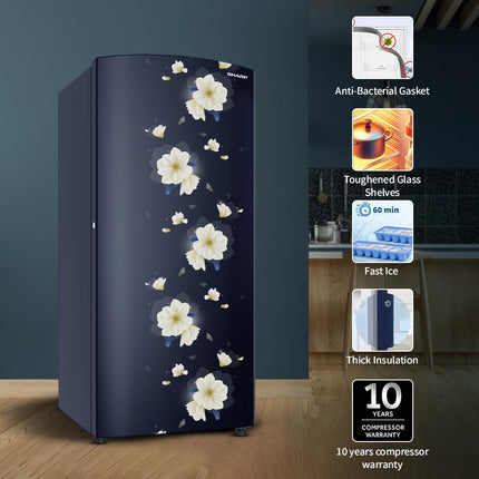 SHARP 197 L Direct Cool Single Door 2 Star Refrigerator |Japan 7 Shield Protection|60 Mins Fast Ice |(Floral Fall Blue, SJ-DF225N2-PBF) 