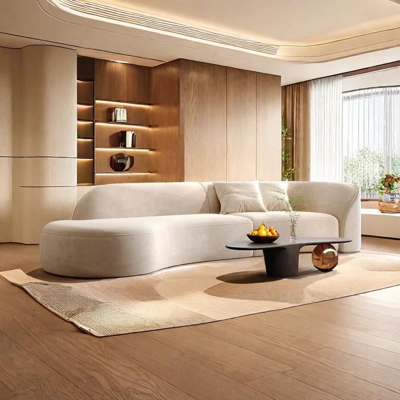 SHINE WOOD ART 110.24 inch Modern Futuristic J- Style Curved Velvet Sofa, Sectional Sofa Round Arm with Soft Pillow for Living Room, Bedroom, Hallways (Cream) 