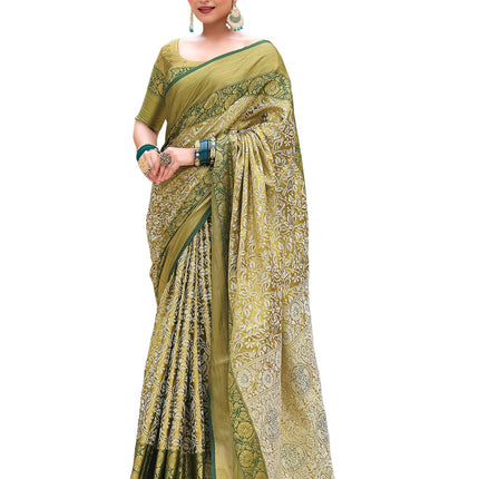 SIRIL Women's Banarasi Silk Saree Pure Silk Kanjivaram Saree With Unstitched Blouse Piece (3927S451_Green & Beige) 