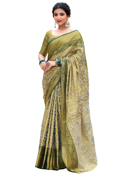 SIRIL Women's Banarasi Silk Saree Pure Silk Kanjivaram Saree With Unstitched Blouse Piece (3927S451_Green & Beige) 