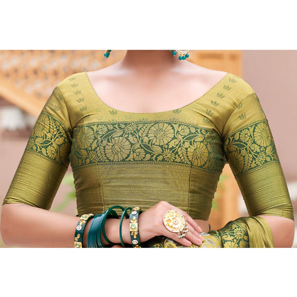 SIRIL Women's Banarasi Silk Saree Pure Silk Kanjivaram Saree With Unstitched Blouse Piece (3927S451_Green & Beige) 