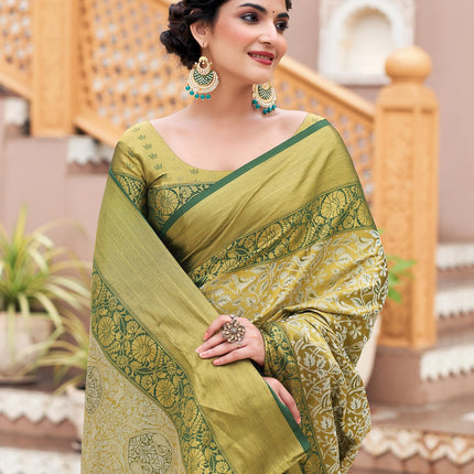 SIRIL Women's Banarasi Silk Saree Pure Silk Kanjivaram Saree With Unstitched Blouse Piece (3927S451_Green & Beige) 