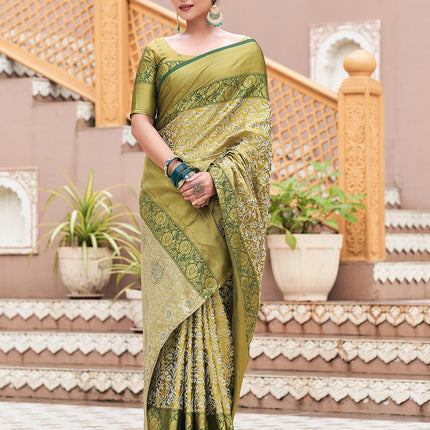 SIRIL Women's Banarasi Silk Saree Pure Silk Kanjivaram Saree With Unstitched Blouse Piece (3927S451_Green & Beige) 