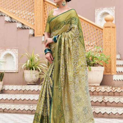 SIRIL Women's Banarasi Silk Saree Pure Silk Kanjivaram Saree With Unstitched Blouse Piece (3927S451_Green & Beige) 