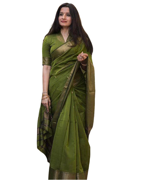 SIRIL Women's Soft Silk Saree | Banarasi Silk Sari | Jacquard Zari Work Saree With Unstitched Blouse Piece (4051S599_Olive Green) 