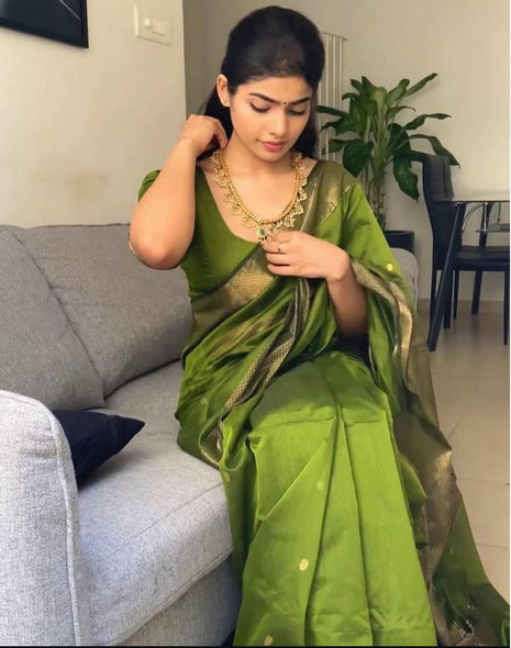 SIRIL Women's Soft Silk Saree | Banarasi Silk Sari | Jacquard Zari Work Saree With Unstitched Blouse Piece (4051S599_Olive Green) 