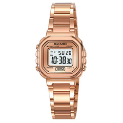 SKMEI New Launch Women's Digital Watch, White Dial Zinc Alloy Case Women's Watch, Stainless Steel Rose Gold Band, LED Display, Waterproof 30M, Alarm & Stopwatch, Fashion for Casual & Dress Wear - 2387 