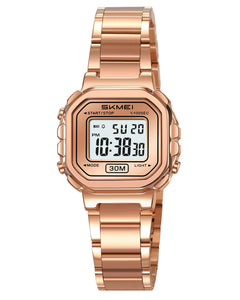 SKMEI New Launch Women's Digital Watch, White Dial Zinc Alloy Case Women's Watch, Stainless Steel Rose Gold Band, LED Display, Waterproof 30M, Alarm & Stopwatch, Fashion for Casual & Dress Wear - 2387 