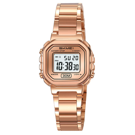 SKMEI New Launch Women's Digital Watch, White Dial Zinc Alloy Case Women's Watch, Stainless Steel Rose Gold Band, LED Display, Waterproof 30M, Alarm & Stopwatch, Fashion for Casual & Dress Wear - 2387 