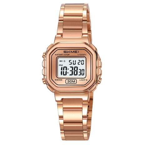 SKMEI New Launch Women's Digital Watch, White Dial Zinc Alloy Case Women's Watch, Stainless Steel Rose Gold Band, LED Display, Waterproof 30M, Alarm & Stopwatch, Fashion for Casual & Dress Wear - 2387 