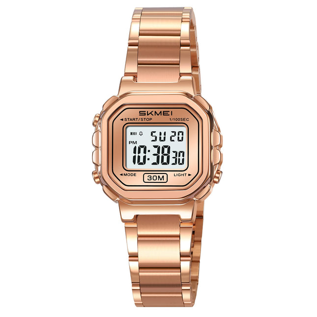 SKMEI New Launch Women's Digital Watch, White Dial Zinc Alloy Case Women's Watch, Stainless Steel Rose Gold Band, LED Display, Waterproof 30M, Alarm & Stopwatch, Fashion for Casual & Dress Wear - 2387 