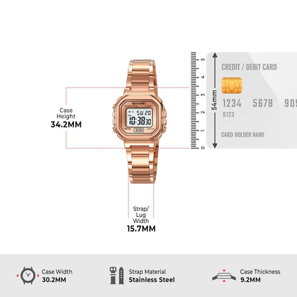 SKMEI New Launch Women's Digital Watch, White Dial Zinc Alloy Case Women's Watch, Stainless Steel Rose Gold Band, LED Display, Waterproof 30M, Alarm & Stopwatch, Fashion for Casual & Dress Wear - 2387 