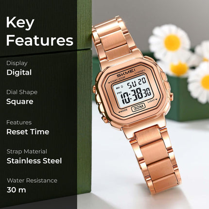 SKMEI New Launch Women's Digital Watch, White Dial Zinc Alloy Case Women's Watch, Stainless Steel Rose Gold Band, LED Display, Waterproof 30M, Alarm & Stopwatch, Fashion for Casual & Dress Wear - 2387 