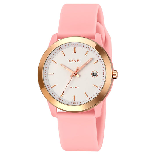 SKMEI New Launch Women's Quartz Analog Watch, Green Dial ABS & Stainless Steel Gold Case Women's Watch, Silica Soft Pink Band, Stylish, Lightweight & Waterproof 30M Fashion for Women - 2319 