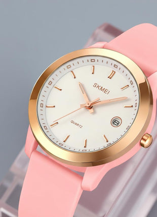 SKMEI New Launch Women's Quartz Analog Watch, Green Dial ABS & Stainless Steel Gold Case Women's Watch, Silica Soft Pink Band, Stylish, Lightweight & Waterproof 30M Fashion for Women - 2319 
