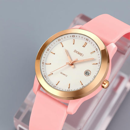 SKMEI New Launch Women's Quartz Analog Watch, Green Dial ABS & Stainless Steel Gold Case Women's Watch, Silica Soft Pink Band, Stylish, Lightweight & Waterproof 30M Fashion for Women - 2319 