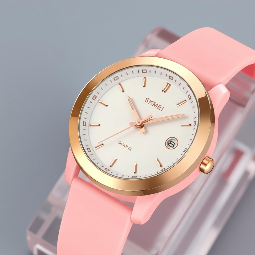 SKMEI New Launch Women's Quartz Analog Watch, Green Dial ABS & Stainless Steel Gold Case Women's Watch, Silica Soft Pink Band, Stylish, Lightweight & Waterproof 30M Fashion for Women - 2319 