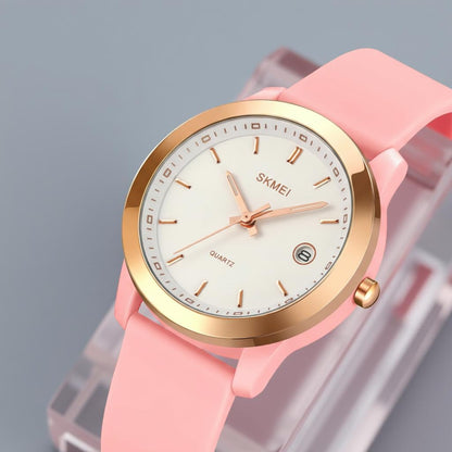 SKMEI New Launch Women's Quartz Analog Watch, Green Dial ABS & Stainless Steel Gold Case Women's Watch, Silica Soft Pink Band, Stylish, Lightweight & Waterproof 30M Fashion for Women - 2319 