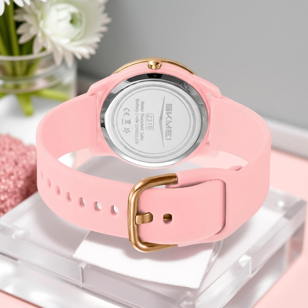 SKMEI New Launch Women's Quartz Analog Watch, Green Dial ABS & Stainless Steel Gold Case Women's Watch, Silica Soft Pink Band, Stylish, Lightweight & Waterproof 30M Fashion for Women - 2319 