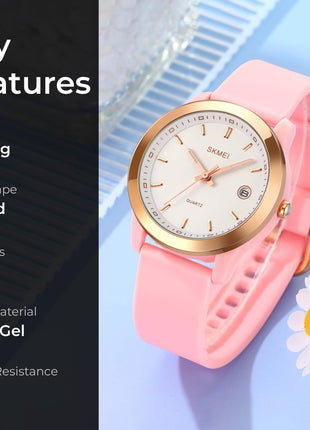 SKMEI New Launch Women's Quartz Analog Watch, Green Dial ABS & Stainless Steel Gold Case Women's Watch, Silica Soft Pink Band, Stylish, Lightweight & Waterproof 30M Fashion for Women - 2319 