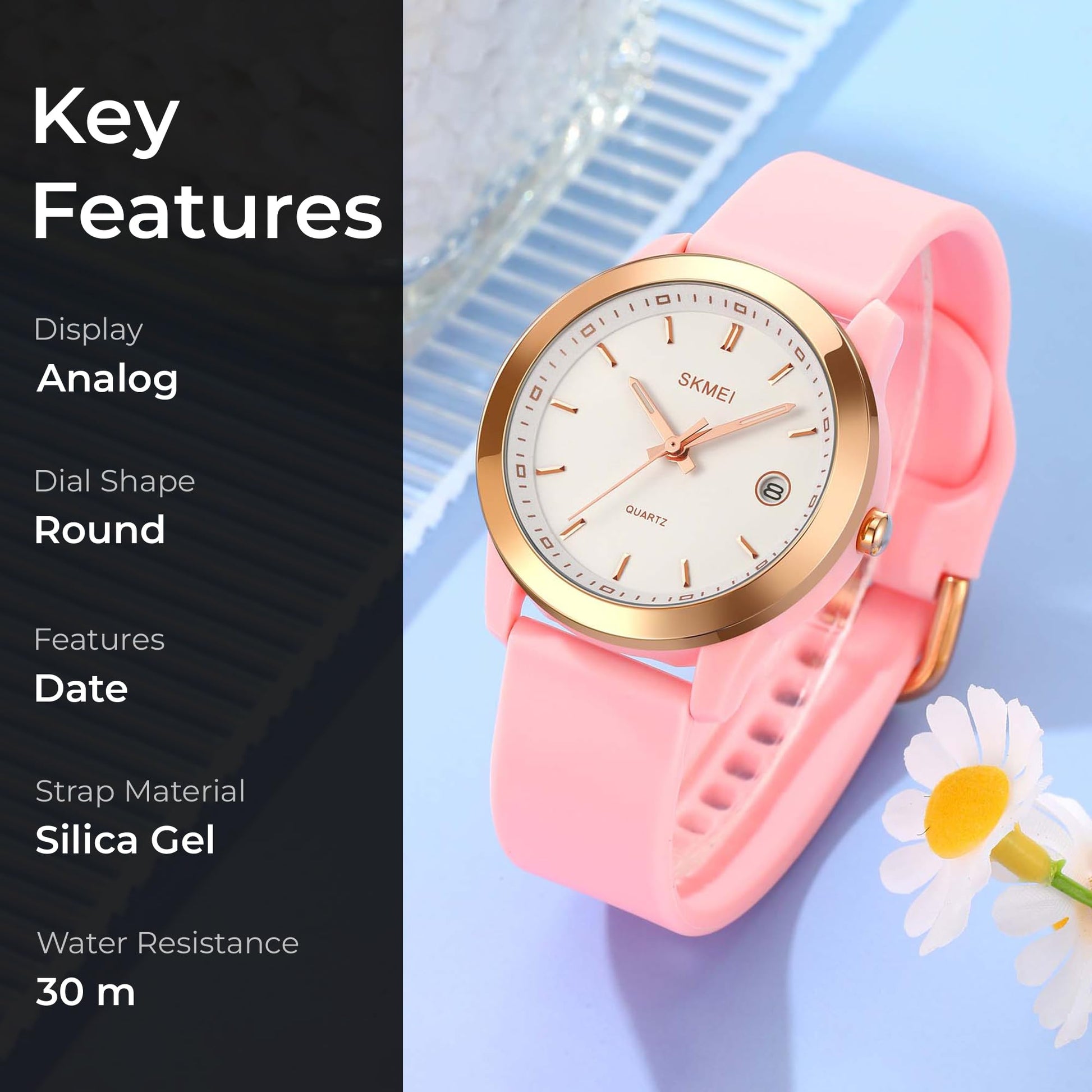 SKMEI New Launch Women's Quartz Analog Watch, Green Dial ABS & Stainless Steel Gold Case Women's Watch, Silica Soft Pink Band, Stylish, Lightweight & Waterproof 30M Fashion for Women - 2319 