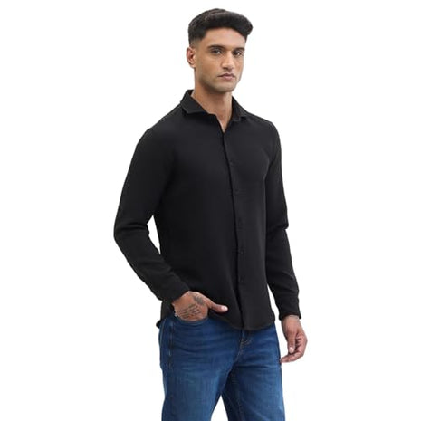 SNITCH Black Self-Design Full Sleeve Poly Blend Casual Shirts 