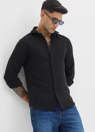 SNITCH Black Self-Design Full Sleeve Poly Blend Casual Shirts 