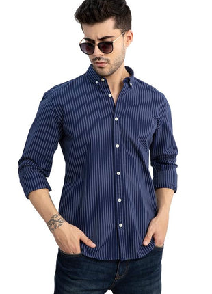 SNITCH Lining Navy Spread Collar Stripe Slim Fit Shirt 