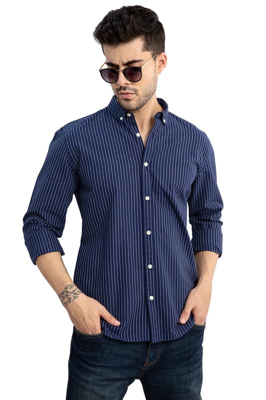 SNITCH Lining Navy Spread Collar Stripe Slim Fit Shirt 