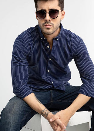 SNITCH Lining Navy Spread Collar Stripe Slim Fit Shirt 