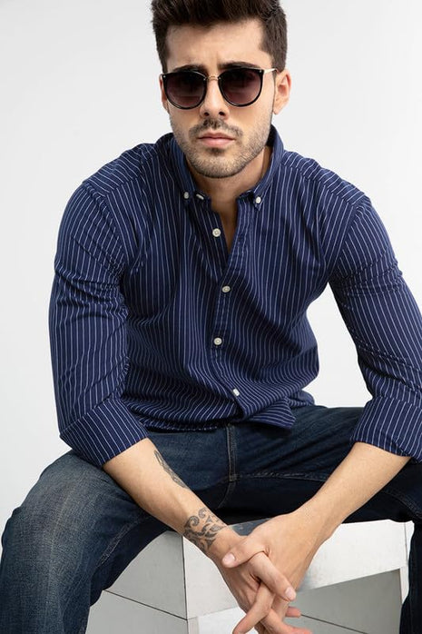 SNITCH Lining Navy Spread Collar Stripe Slim Fit Shirt 