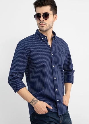 SNITCH Lining Navy Spread Collar Stripe Slim Fit Shirt 