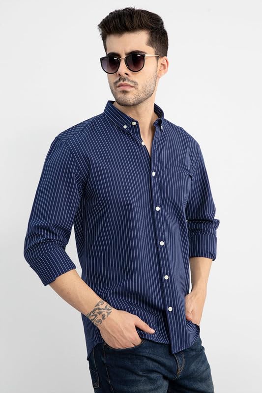 SNITCH Lining Navy Spread Collar Stripe Slim Fit Shirt 