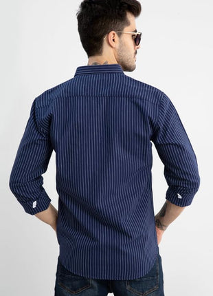 SNITCH Lining Navy Spread Collar Stripe Slim Fit Shirt 