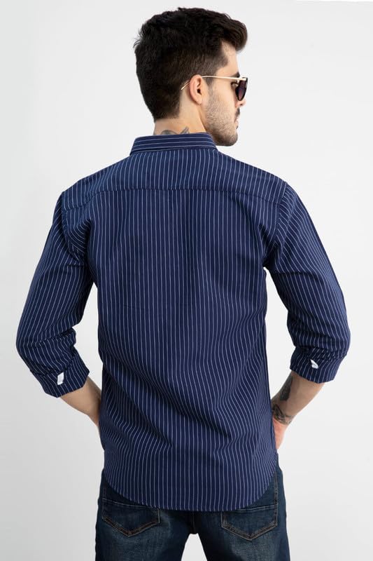 SNITCH Lining Navy Spread Collar Stripe Slim Fit Shirt 
