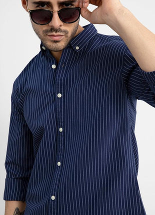 SNITCH Lining Navy Spread Collar Stripe Slim Fit Shirt 