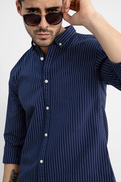 SNITCH Lining Navy Spread Collar Stripe Slim Fit Shirt 