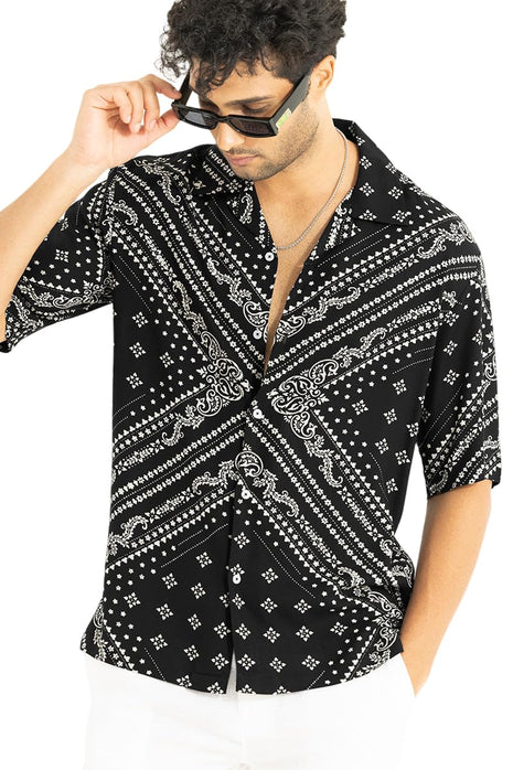 SNITCH Men Casual Shirt | Oversized Fit Half Sleeve Cuban Collar Geometric Print | Premium Rayon Fabric & Smooth Texture for Casual Wear & College Wear |Jet Black, M 