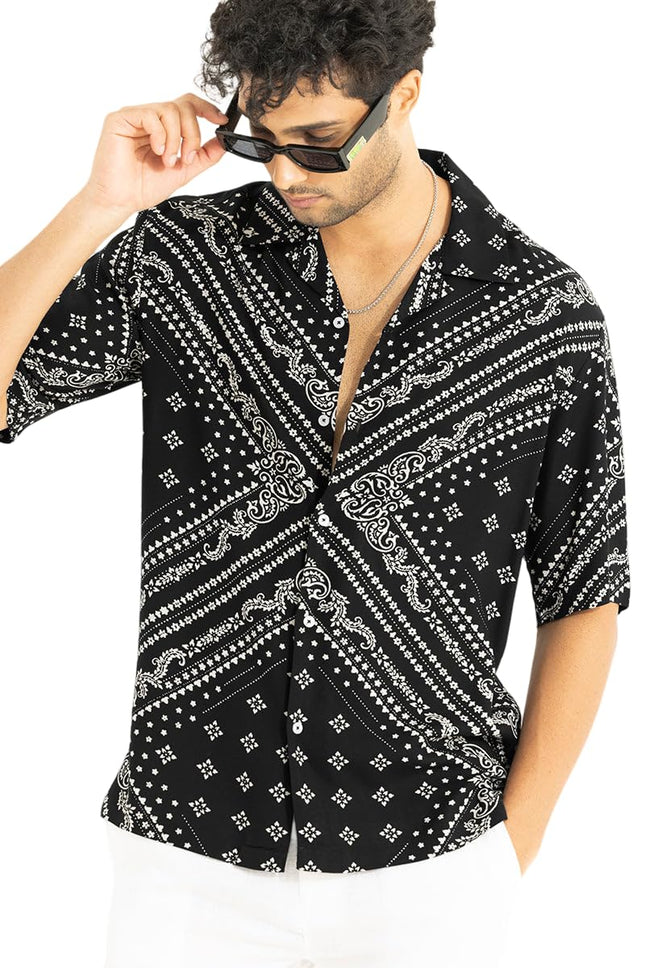 SNITCH Men Casual Shirt | Oversized Fit Half Sleeve Cuban Collar Geometric Print | Premium Rayon Fabric & Smooth Texture for Casual Wear & College Wear |Jet Black, M 