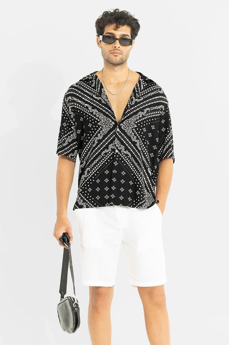 SNITCH Men Casual Shirt | Oversized Fit Half Sleeve Cuban Collar Geometric Print | Premium Rayon Fabric & Smooth Texture for Casual Wear & College Wear |Jet Black, M 