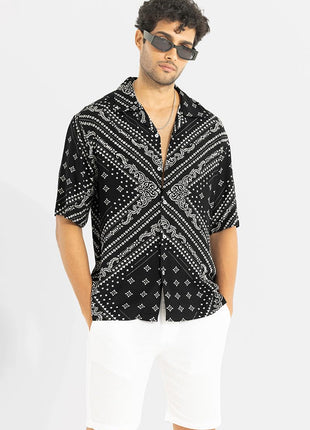 SNITCH Men Casual Shirt | Oversized Fit Half Sleeve Cuban Collar Geometric Print | Premium Rayon Fabric & Smooth Texture for Casual Wear & College Wear |Jet Black, M 