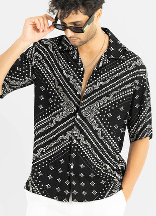 SNITCH Men Casual Shirt | Oversized Fit Half Sleeve Cuban Collar Geometric Print | Premium Rayon Fabric & Smooth Texture for Casual Wear & College Wear |Jet Black, M 