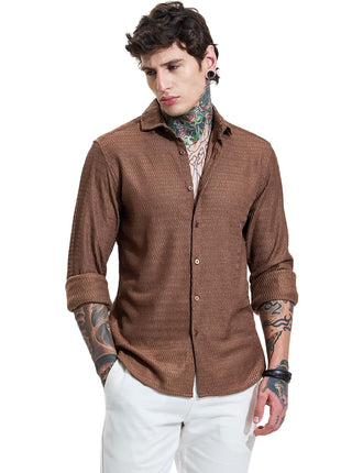 SNITCH Men Casual Shirt | Slim Fit Full Sleeve Classic Collar Textured Design | Premium Polyester Blend & Comfortable Fabric Semi-Formal Events ||Rich Earthy Brown 