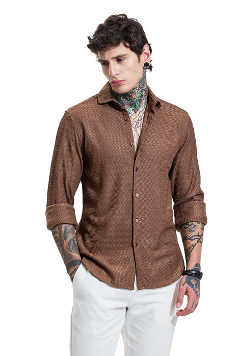 SNITCH Men Casual Shirt | Slim Fit Full Sleeve Classic Collar Textured Design | Premium Polyester Blend & Comfortable Fabric Semi-Formal Events ||Rich Earthy Brown 