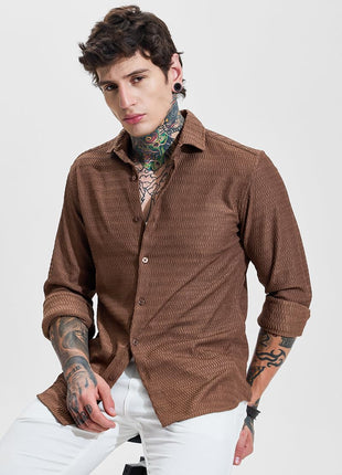SNITCH Men Casual Shirt | Slim Fit Full Sleeve Classic Collar Textured Design | Premium Polyester Blend & Comfortable Fabric Semi-Formal Events ||Rich Earthy Brown 