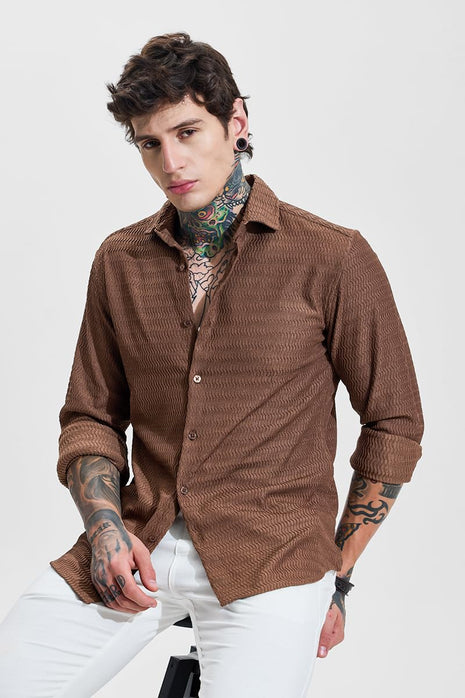 SNITCH Men Casual Shirt | Slim Fit Full Sleeve Classic Collar Textured Design | Premium Polyester Blend & Comfortable Fabric Semi-Formal Events ||Rich Earthy Brown 