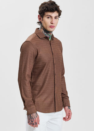 SNITCH Men Casual Shirt | Slim Fit Full Sleeve Classic Collar Textured Design | Premium Polyester Blend & Comfortable Fabric Semi-Formal Events ||Rich Earthy Brown 